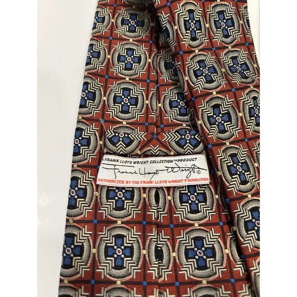 Frank Lloyd Wright Foundation Mens Tie 3.5” Brown Geometric Silk Made In Italy